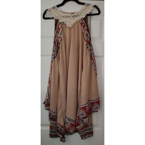Altar'd State Boho Dress S Beige Red Handkerchief‎ Hem Crochet Lace Neck